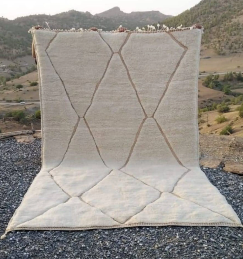 Handmade Off White Moroccan Beni Mrirt Rug with Terracotta Lines